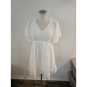 Dressin Womens White Swiss Dot Smocked V-Neck Mini Dress Size S Flutter Sleeve
